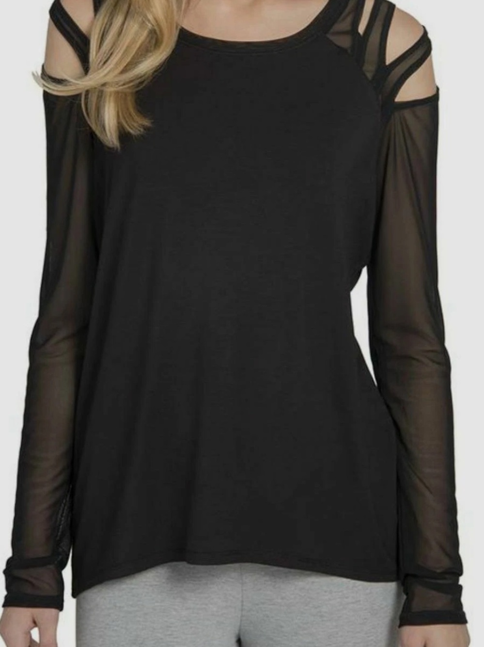 Lysse Black Cold-Shoulder Long Sleeve Top with Strap Detail